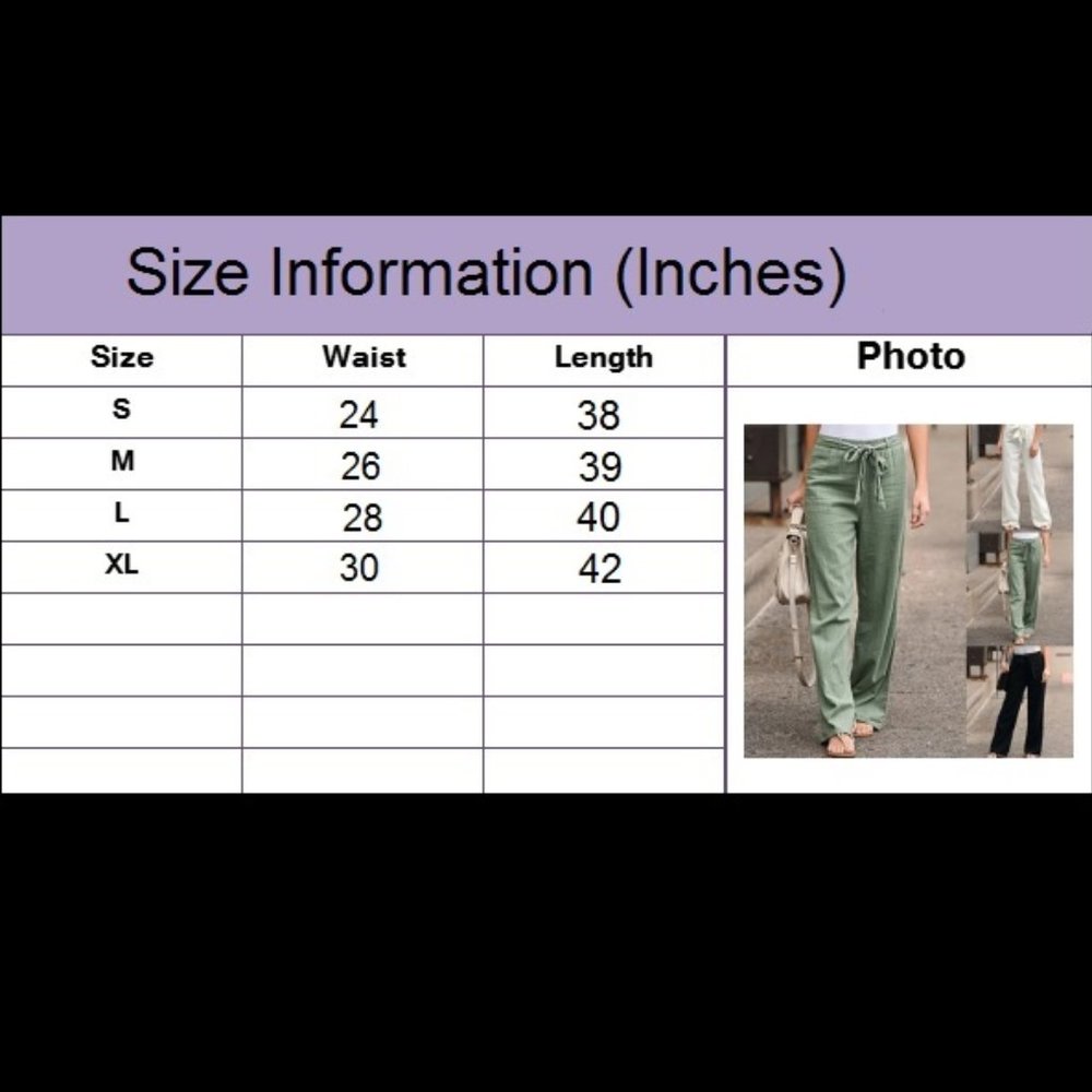 Linen Cotton Pants Solid Colors Elastic Waist with Belt, Wide Leg Multiple Sizes - Picture 6 of 6